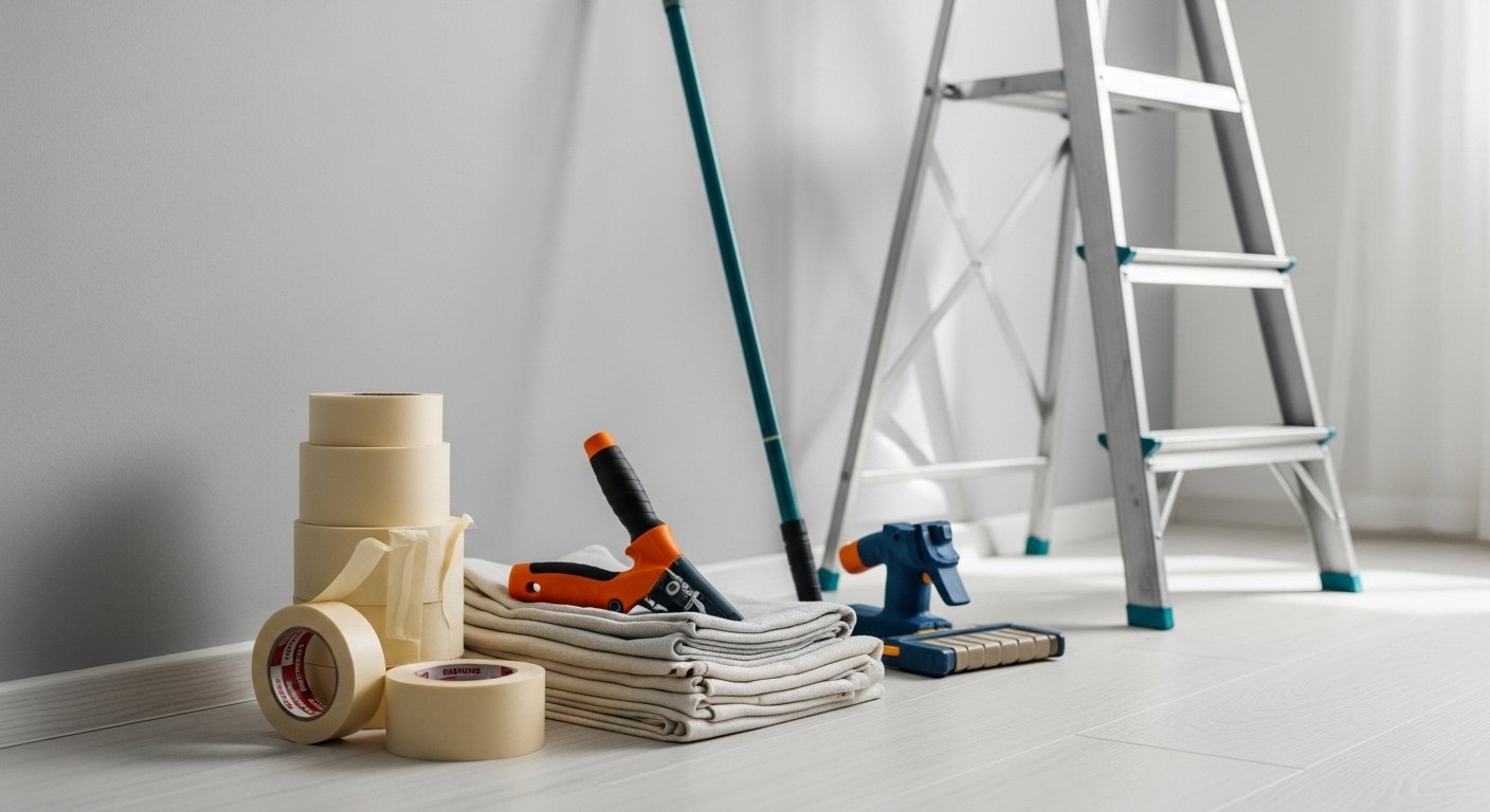 An organized setup of painting accessories, including rolls of painter's tape, neatly folded drop cloths, an extension pole leaning against a wall, and a ladder, highlighting the best wall painting tools for home decor.