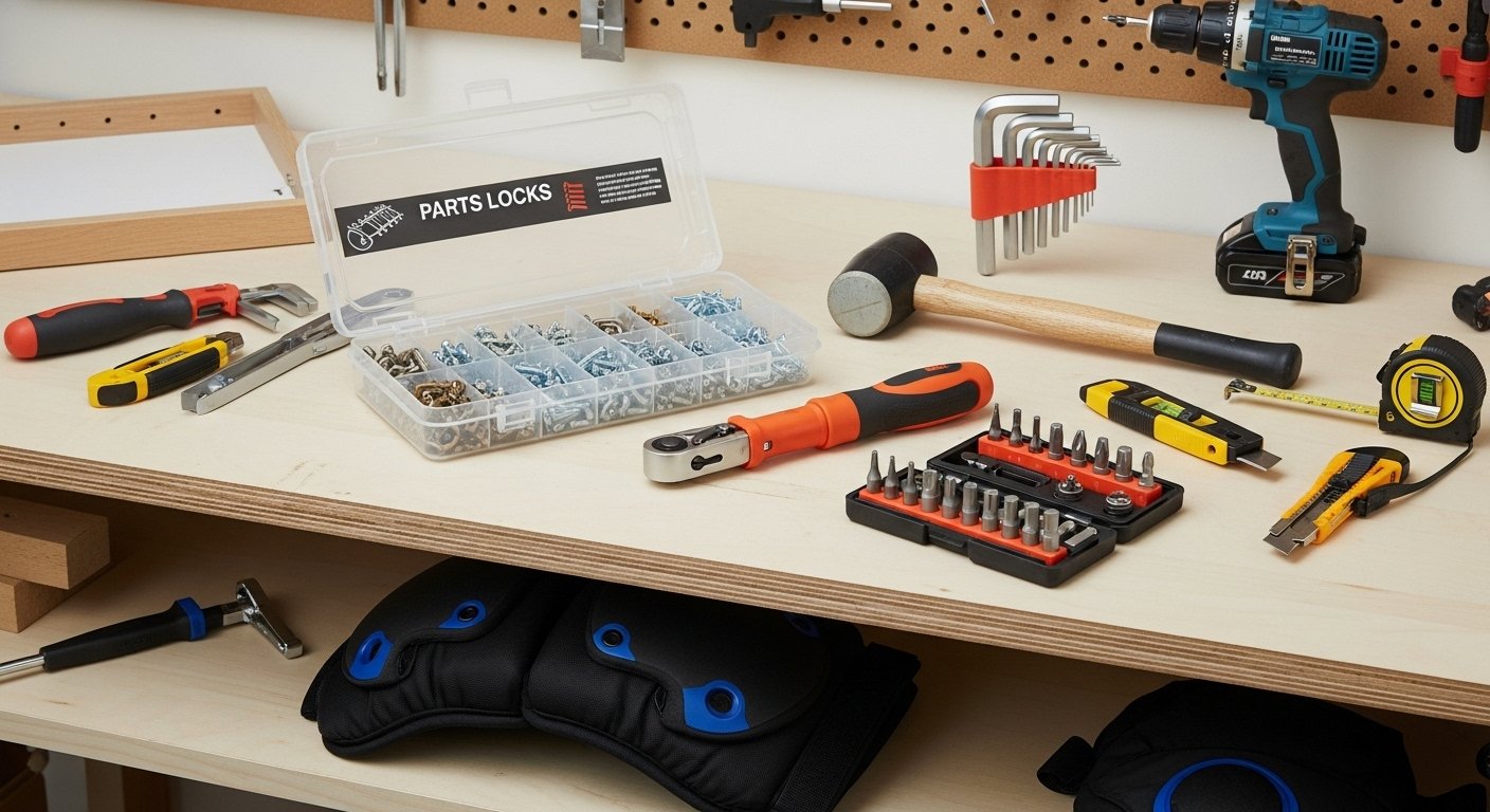 An organized workbench with a variety of Best Furniture Assembly Tools, including a ratcheting screwdriver, parts organizer with hardware, and knee pads, suggesting efficient assembly.