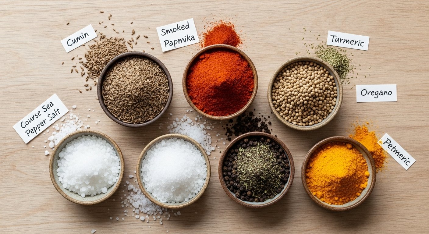 An overhead shot of various essential spices in small bowls, including whole cumin, smoked paprika, and coriander seeds, demonstrating how to build a flavorful spice rack.