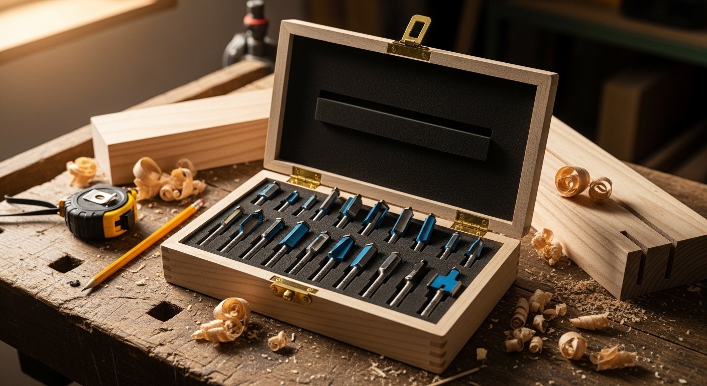 Beginner's collection of router bits for woodworking joints, neatly arranged in a wooden storage box on a workshop workbench.