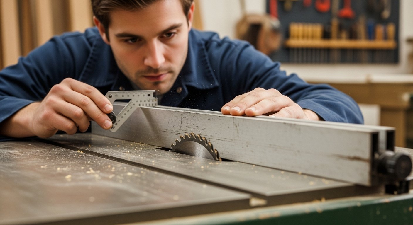Close-up of a beginner woodworker carefully inspecting the rip fence and blade alignment of a used table saw, highlighting key inspection points for a used table saw for beginners.