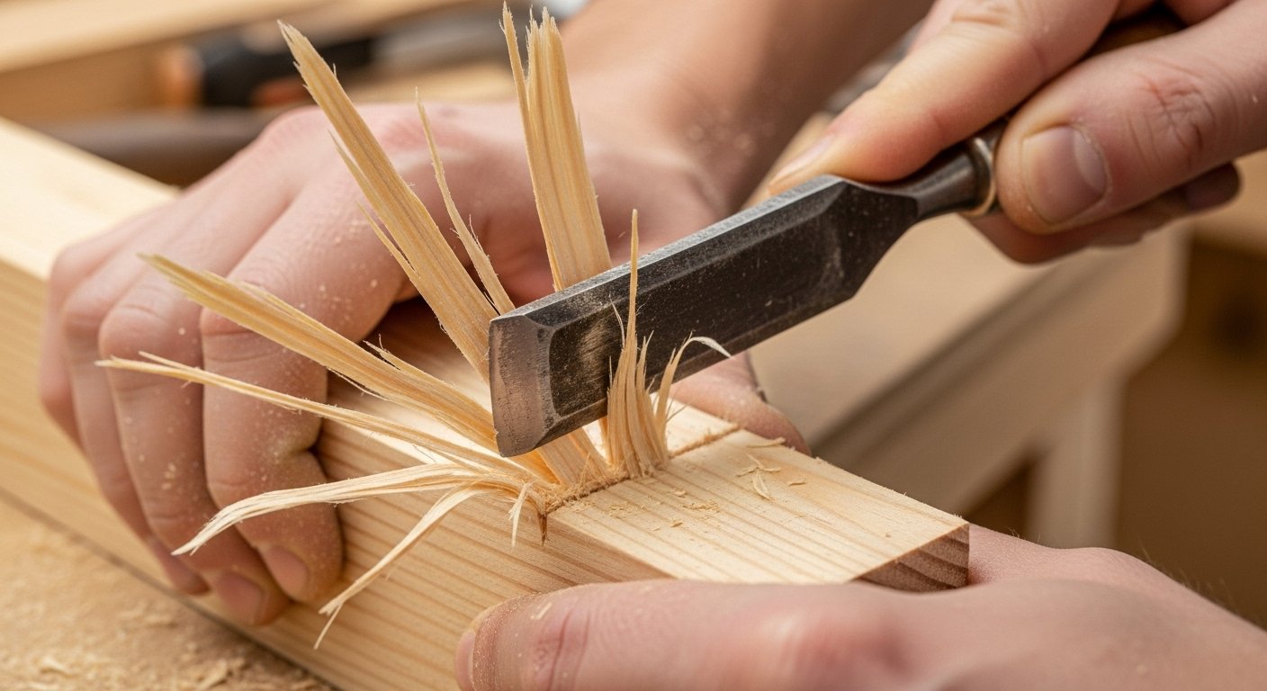 Close-up of a beginner woodworker making one of the common beginner woodworking tool mistakes: using a dull chisel, which results in a splintered cut on the wood.