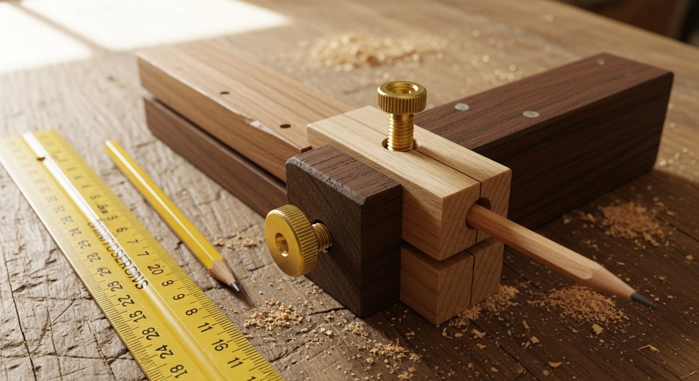Close-up of a DIY marking gauge, a practical example of homemade woodworking tools crafted from scrap wood and hardware, ready for precise layout work.