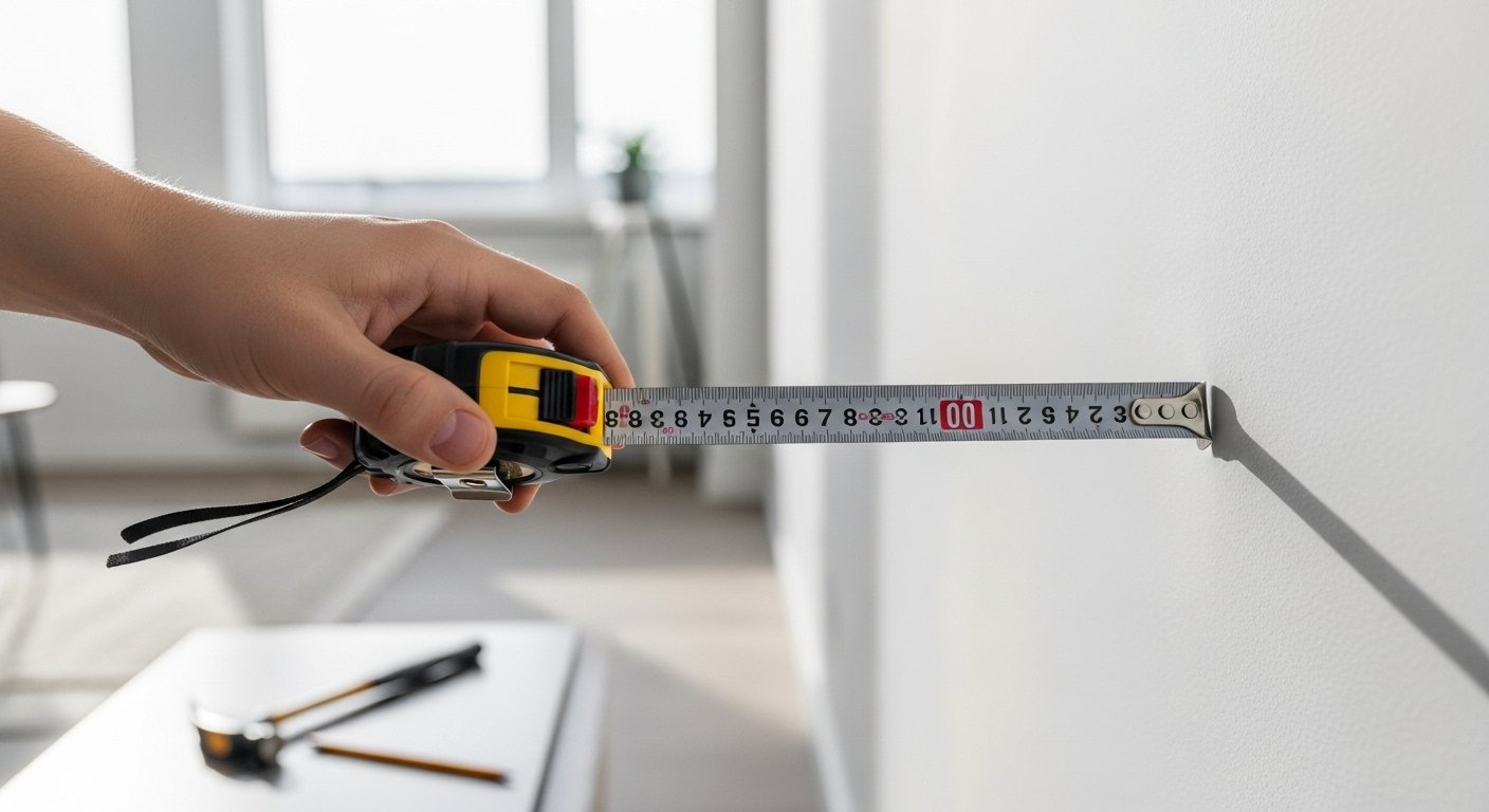 Close-up of a hand holding a measuring tape, extending it across a wall in a brightly lit, modern apartment, part of a home decor tool kit.