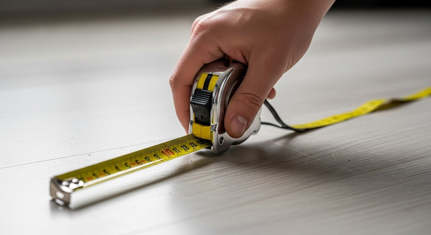 Close-up of a hand holding a retractable measuring tape, extending it across a room floor, with a focus on accuracy and planning. Essential home decor tools.