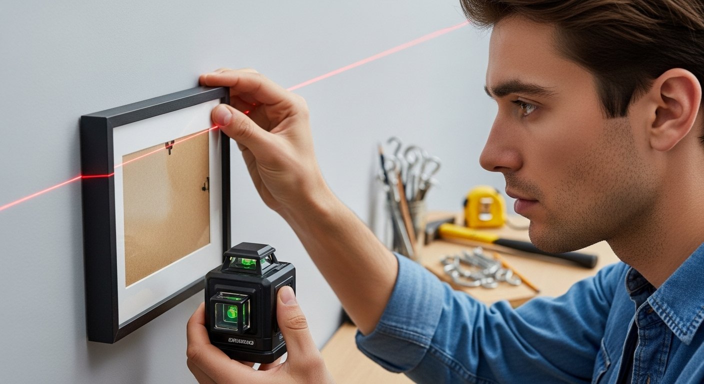 Close-up of a student carefully using a laser level to project a straight line on a wall, with a picture frame in hand. Various picture hanging tools are visible in the background, out of focus.
