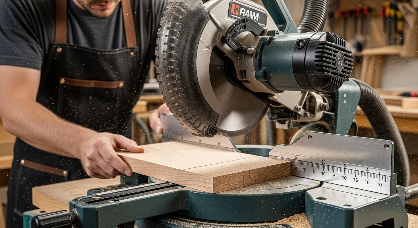 Close-up of a woodworker using a miter saw for calibration, demonstrating the critical process for how to calibrate miter saw to achieve accurate, square cuts.