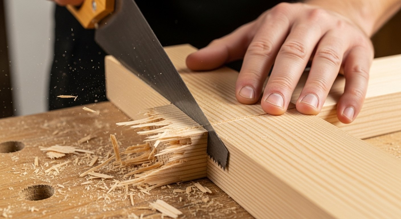Close-up of splintering wood, illustrating common beginner woodworking tool mistakes made when cutting against the grain, resulting in tearout and poor finish.