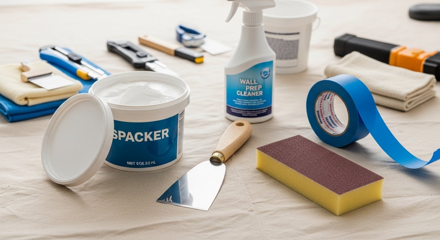 Close-up of various wall preparation tools laid out on a drop cloth, including spackle, putty knife, sanding sponge, wall cleaner, and painter's tape, emphasizing the best wall painting tools.