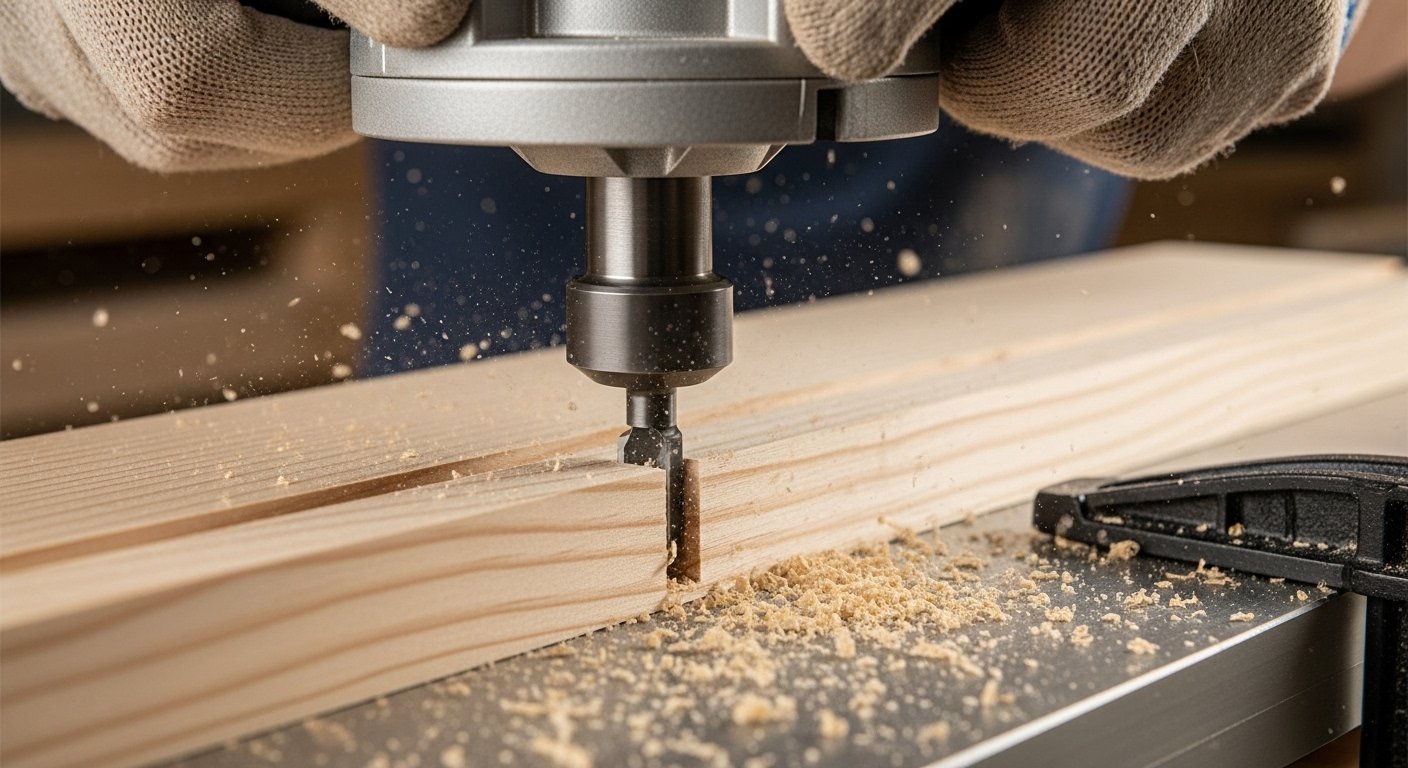 Detail of a straight dado router bit carving a clean groove, illustrating the crucial role of selecting specific router bits for woodworking joints in achieving perfect results.