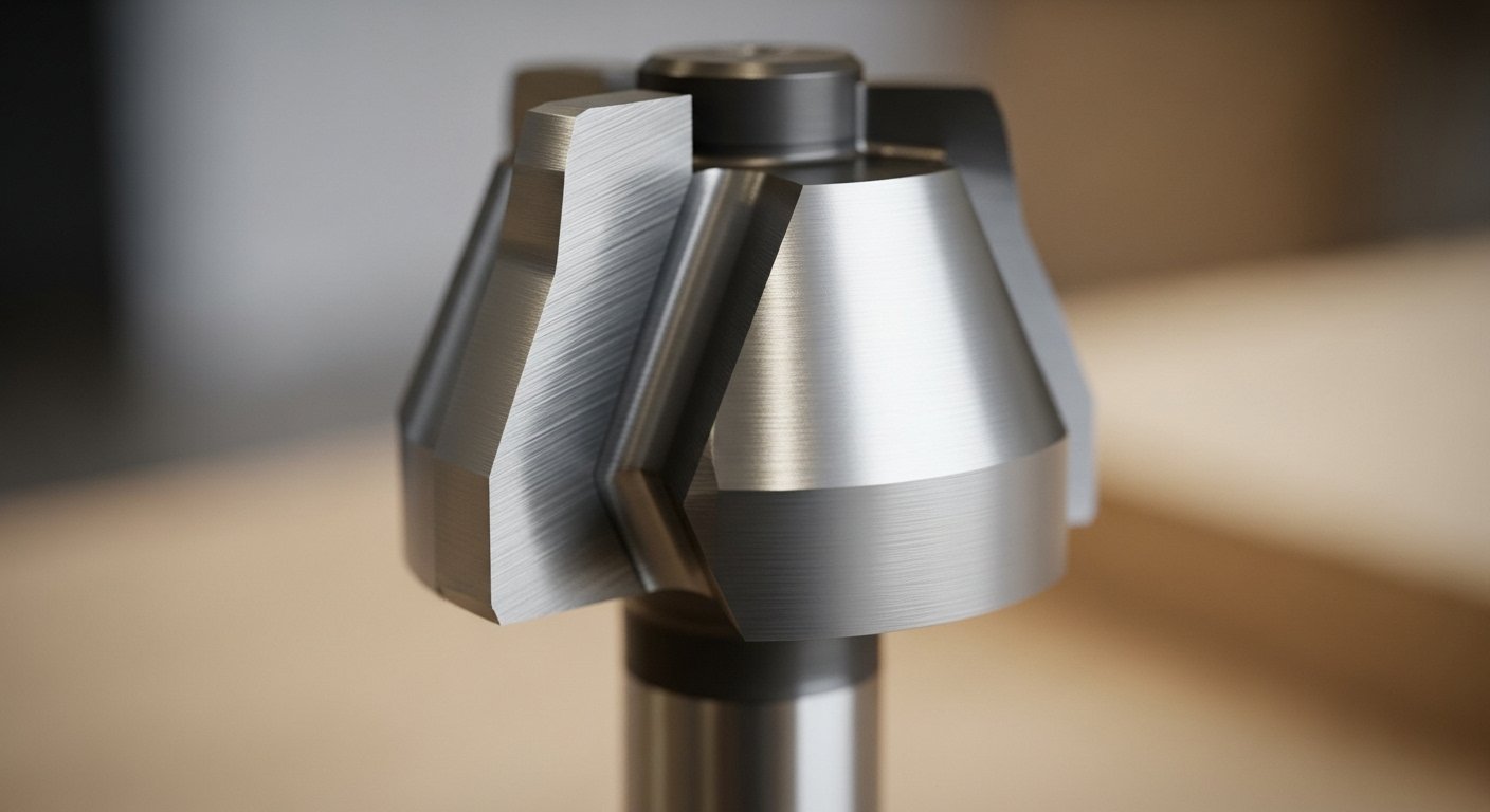 Detailed view of dovetail router bits for woodworking joints, highlighting their angled profile for precise cuts.