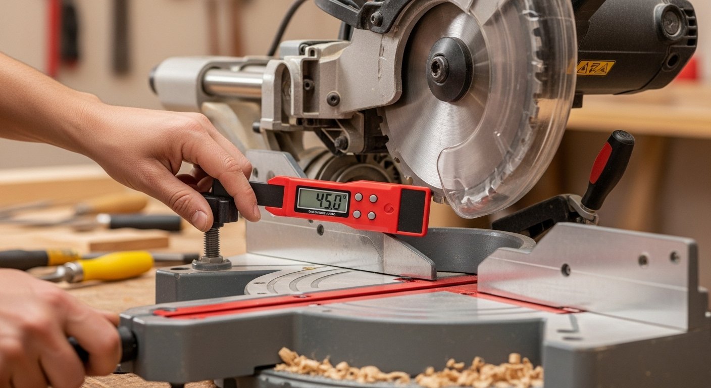 Expert guide on how to calibrate miter saw, with a detailed view of a craftsman fine-tuning the blade angle for optimal cutting precision and safety.