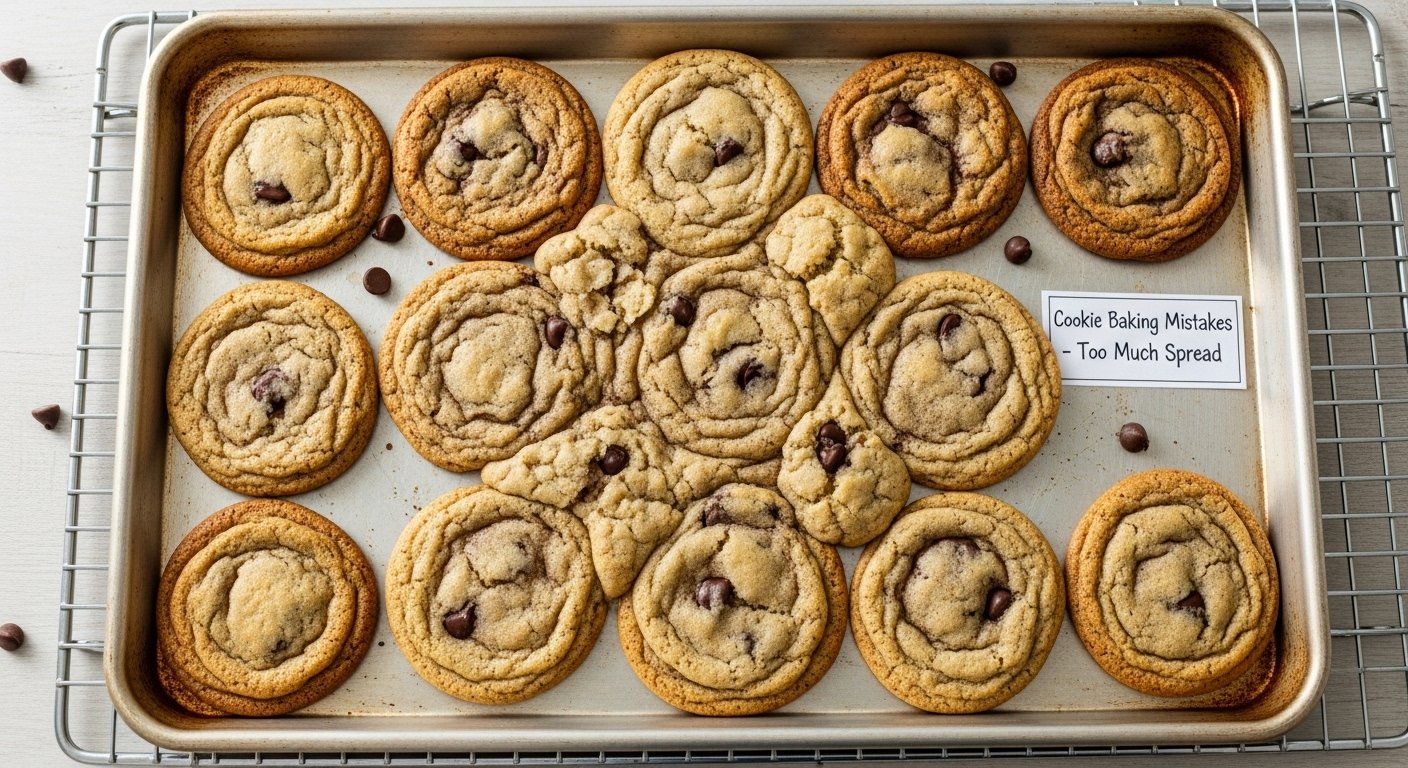 Flat, spread-out cookies on a baking sheet, illustrating common cookie baking mistakes for how to bake cookies for beginners.