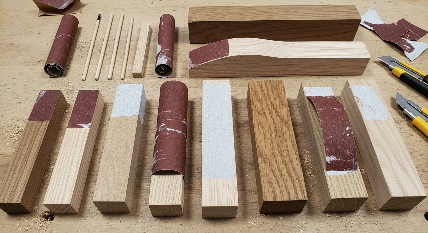 Homemade woodworking tools, such as these DIY sanding sticks and blocks crafted from scrap wood, are displayed neatly for various sanding tasks.