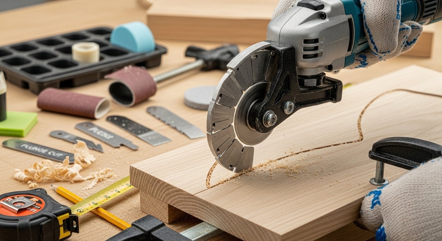 Oscillating multi-tool, a top pick among DIY home decor tools, making a precise cut in wood for a stylish home decor project, with various attachments ready.