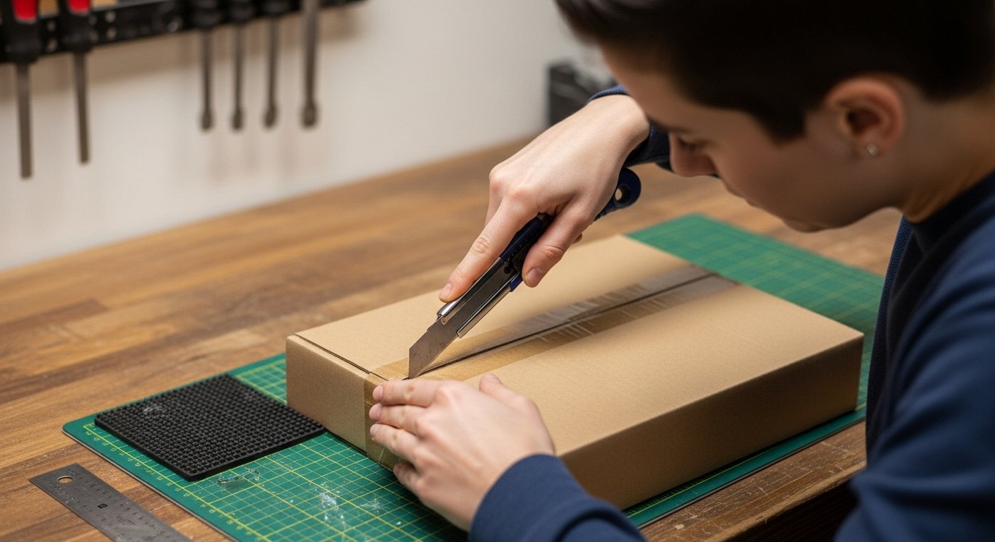 Person carefully opening a package with a utility knife, an essential item from a basic home decor tool kit, with a cutting mat and ruler visible.