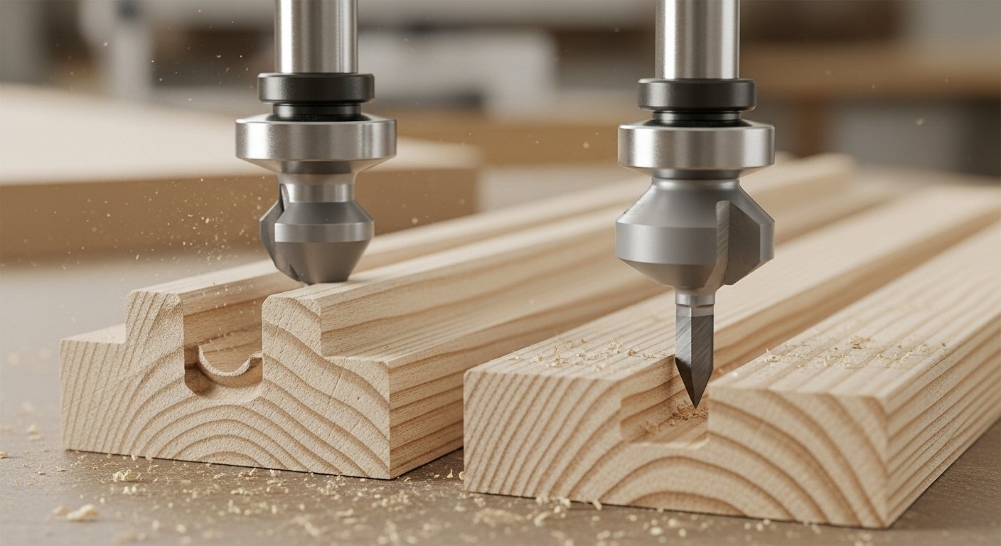 Photorealistic image demonstrating a tongue and groove router bit set in use, highlighting these essential router bits for woodworking joints as they cut precise tongues and grooves.