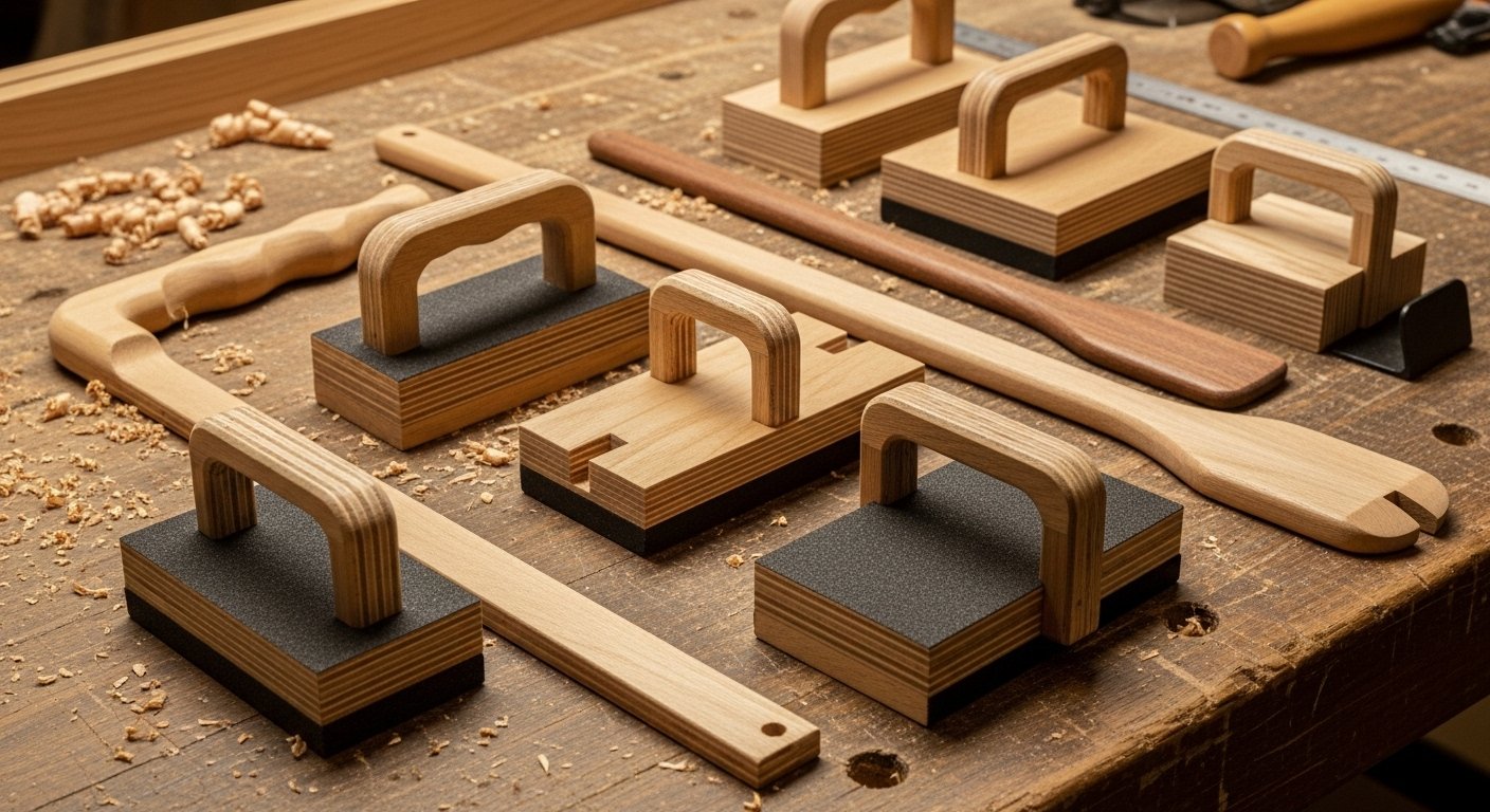 Photorealistic image of a set of homemade push sticks and push blocks, essential safety items and examples of practical homemade woodworking tools, clearly demonstrating their ergonomic design.