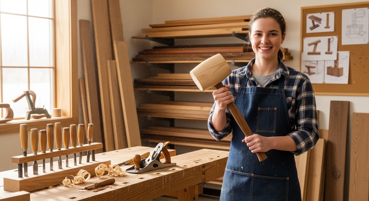 Photorealistic image of a student proudly holding a newly crafted wooden mallet, a classic example of homemade woodworking tools, in a tidy workshop, surrounded by natural wood tones.
