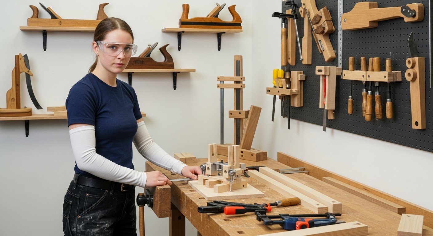 Photorealistic image of a student wearing safety glasses and appropriate attire, in a clean, well-organized workshop, preparing to work on a DIY woodworking tool project. The image should convey a sense of safety and preparedness, featuring examples of homemade woodworking tools in the background.