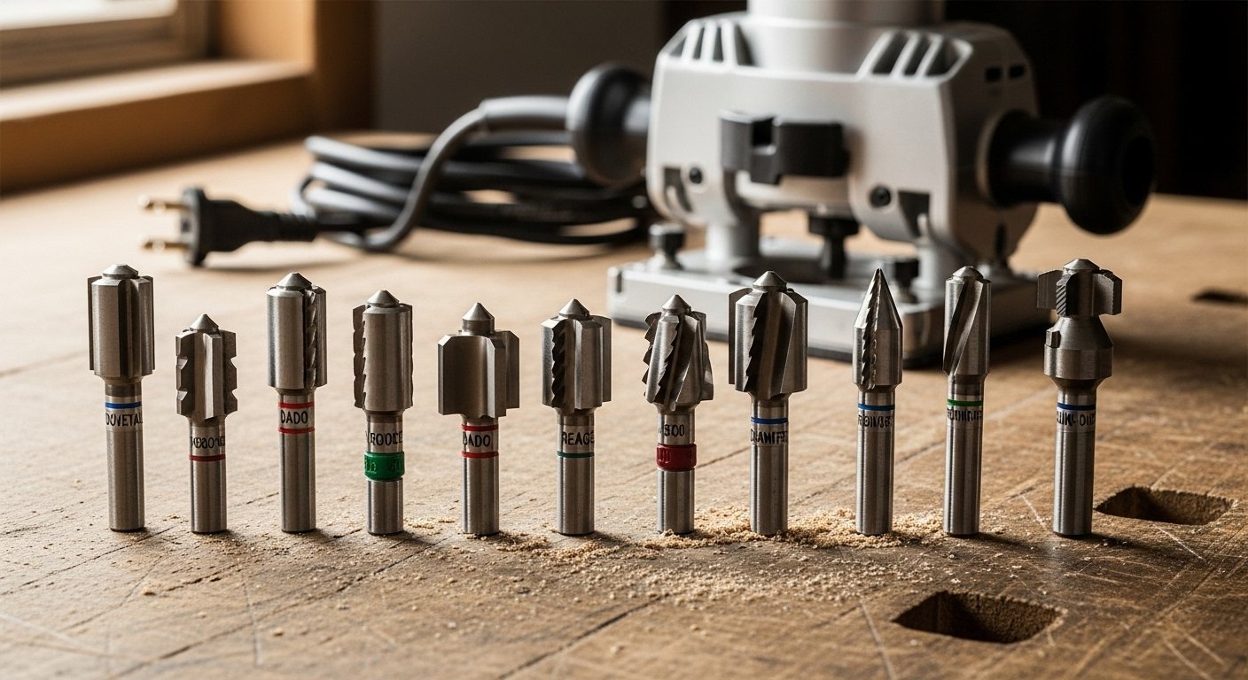 Photorealistic image of various router bits for woodworking joints laid out neatly on a wooden workbench, with a router in the background.