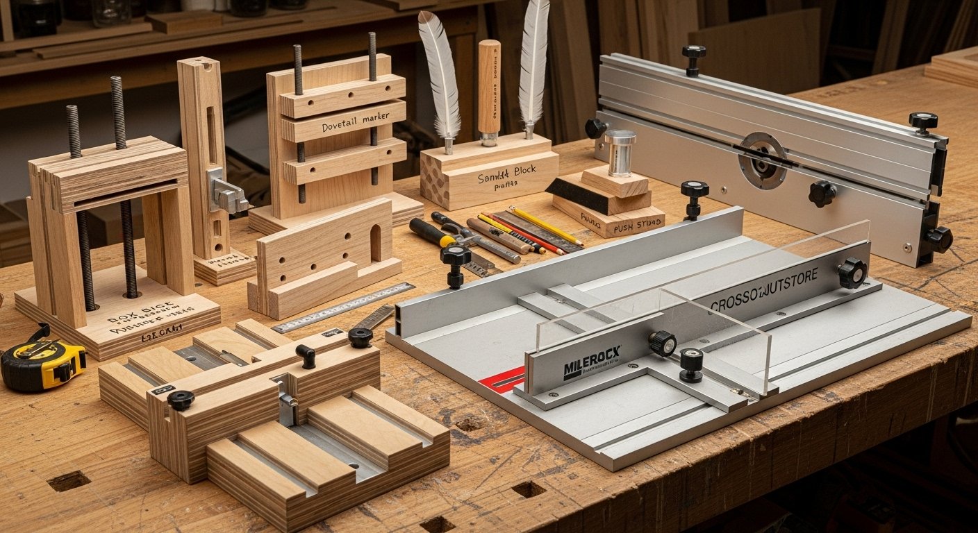 Photorealistic view of a workbench filled with functional homemade woodworking tools, built for precision and DIY woodshop efficiency.