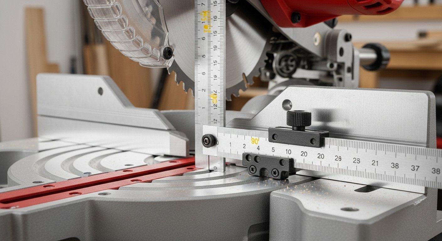 Precisely aligning the miter saw blade using a combination square to ensure squareness, an essential part of how to calibrate miter saw effectively.