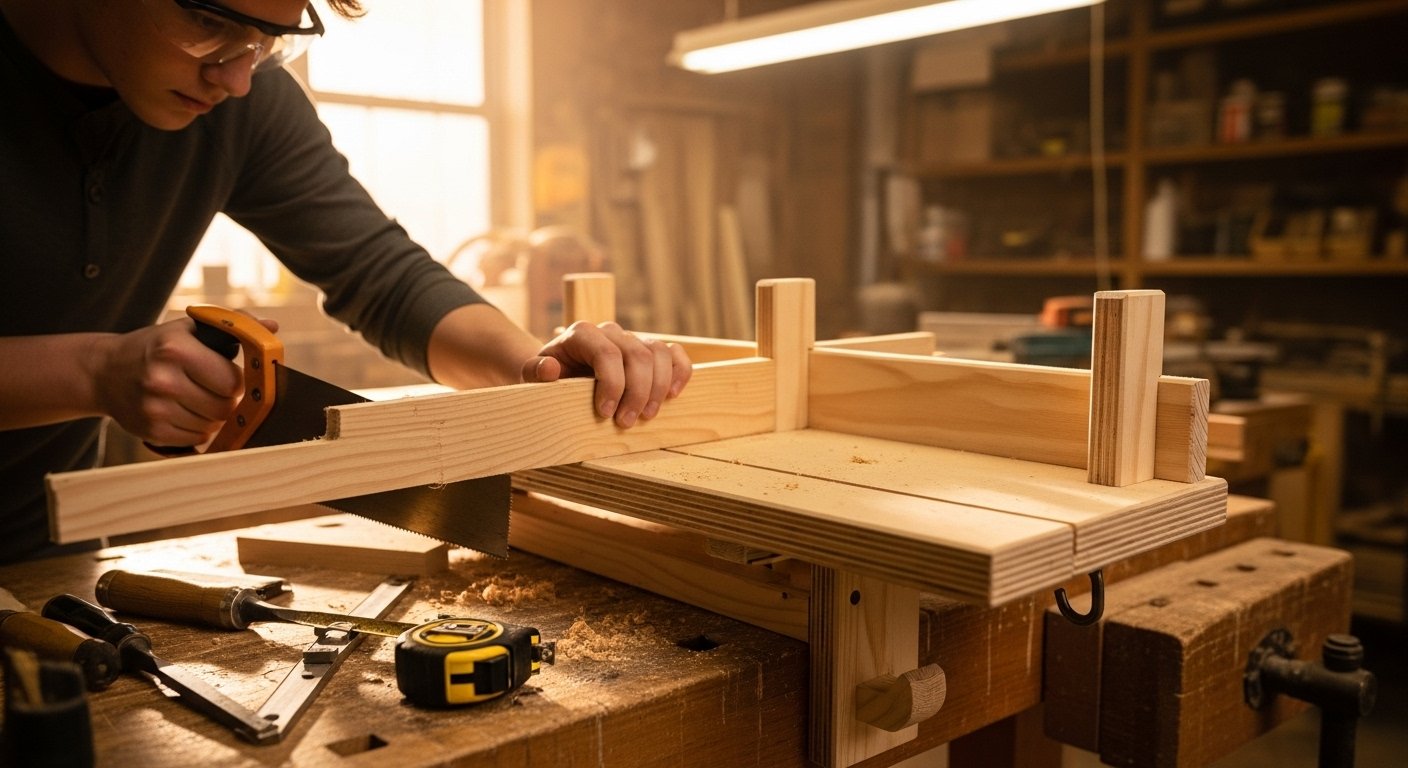 Student using a bench hook, one of the many practical homemade woodworking tools for safe hand saw operations in a well-lit workshop.