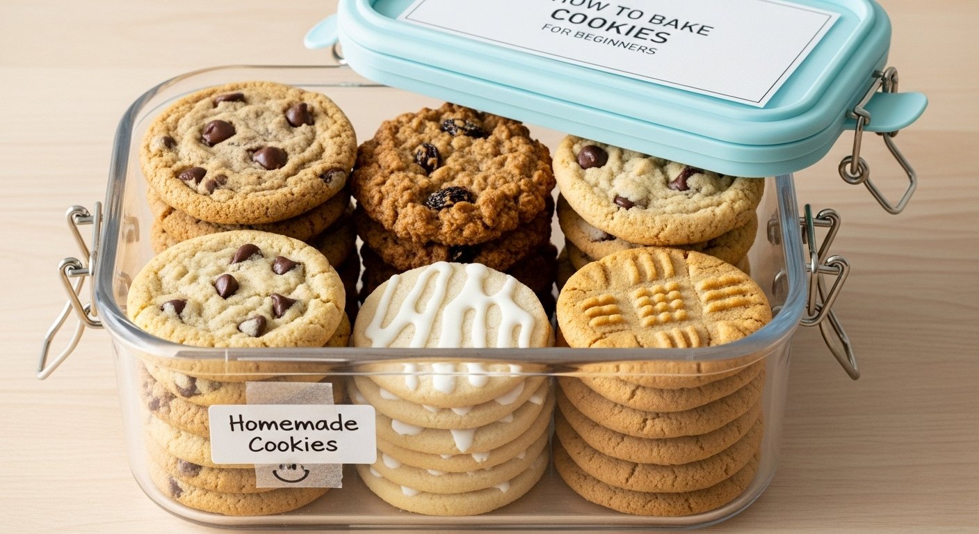 Various homemade cookies neatly stacked in an airtight container for storing homemade cookies for how to bake cookies for beginners.