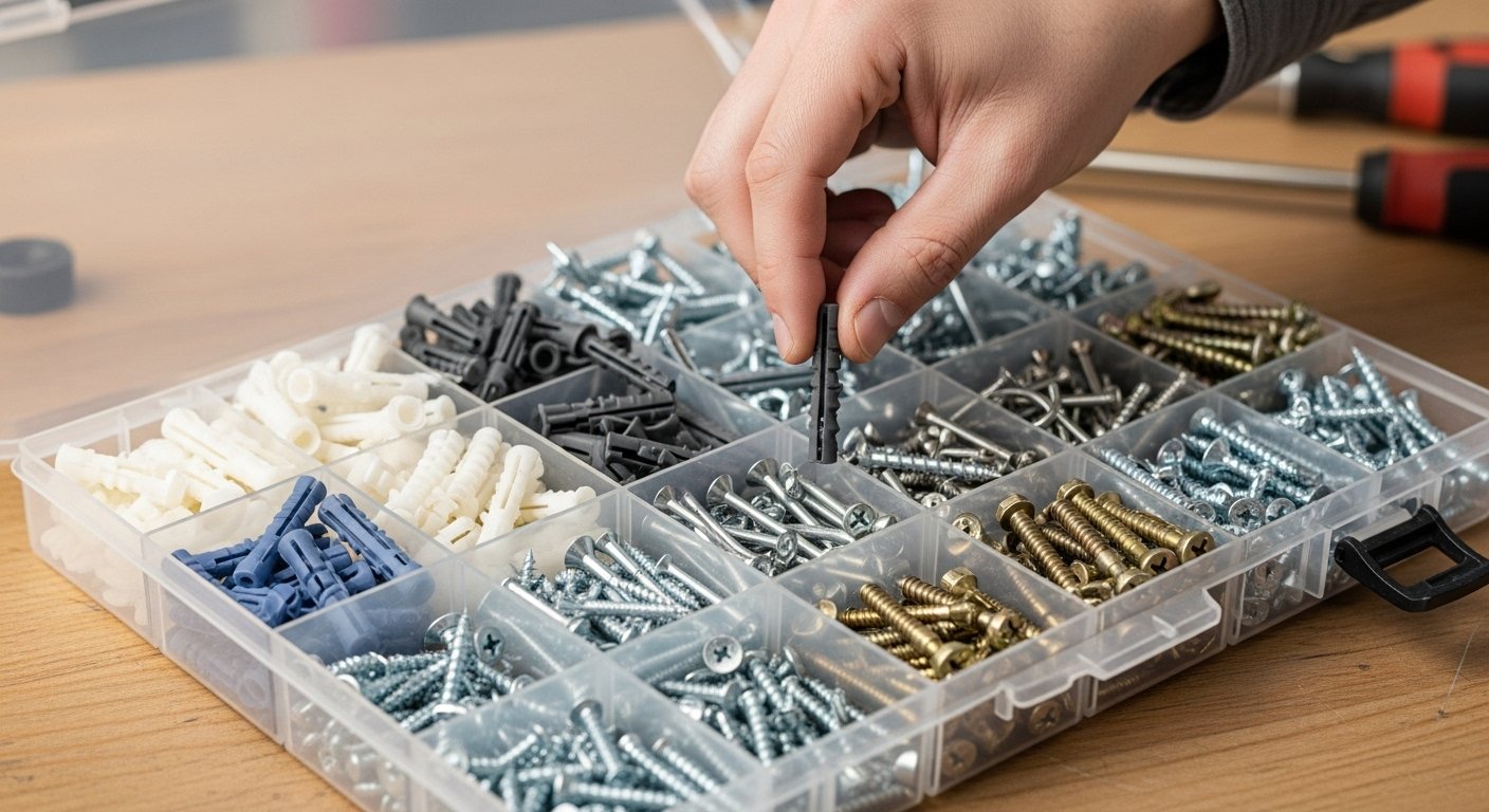 Various types of drywall anchors and screws neatly organized in a clear container, ready for use as essential picture hanging tools. A hand is selecting an appropriate anchor, emphasizing careful material selection.