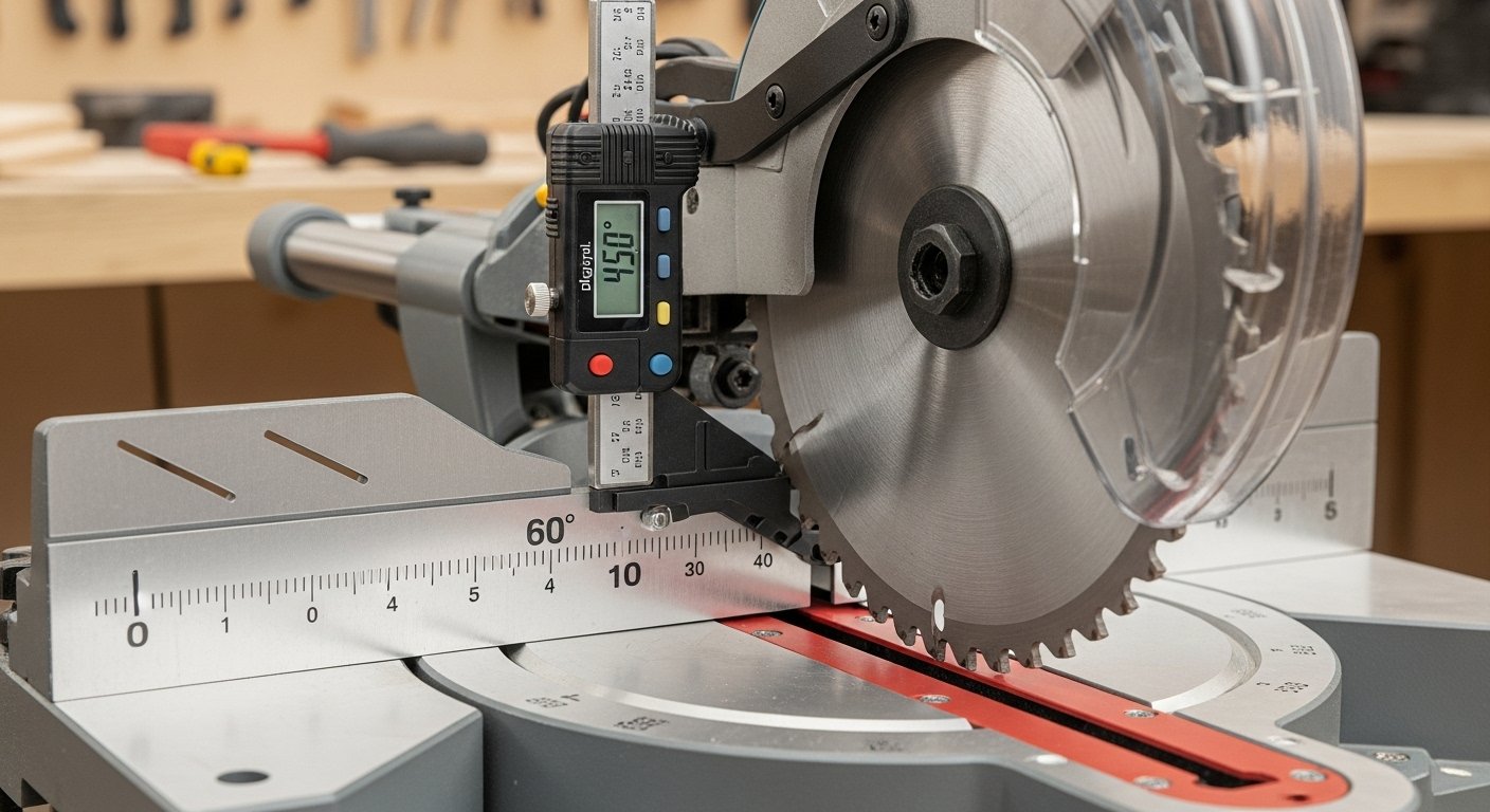 Visual guide: Learn how to calibrate miter saw angles easily with a digital gauge on the miter table.